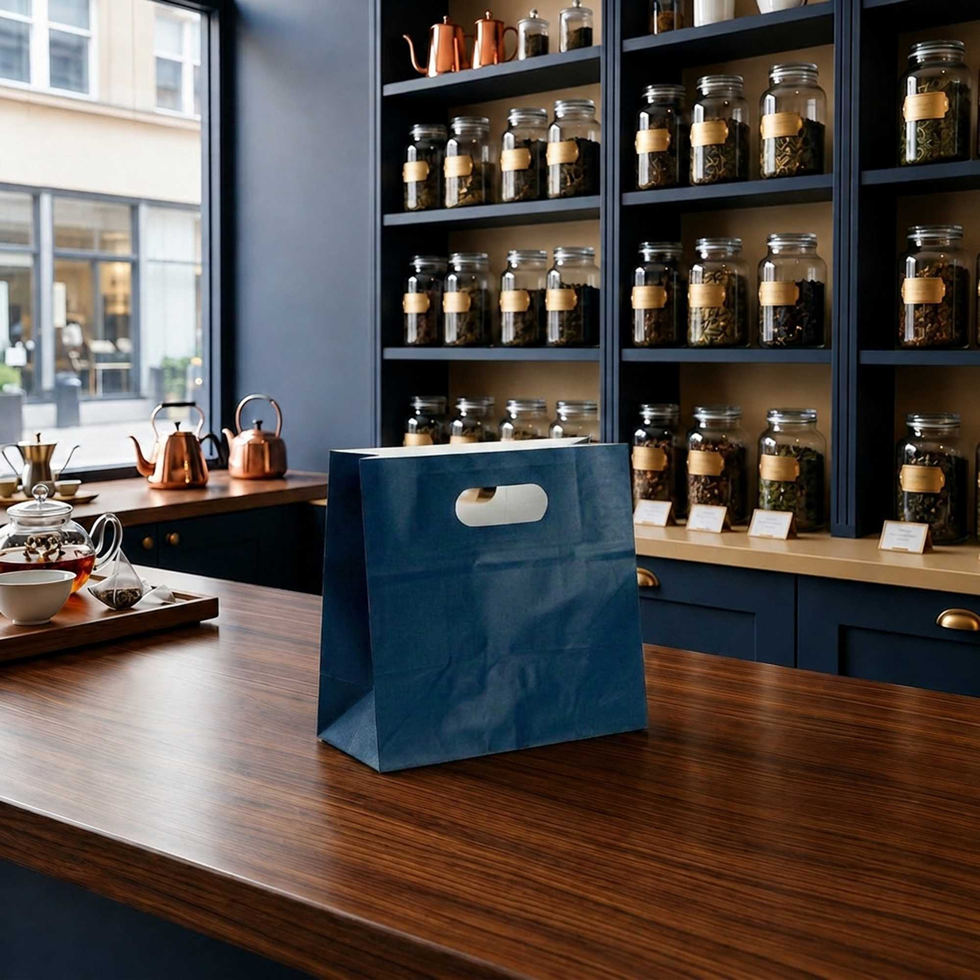 Bag Tek Rectangle Midnight Blue Paper Take Out Bag - with Handles - 11" x 7" x 11" - 100 count box