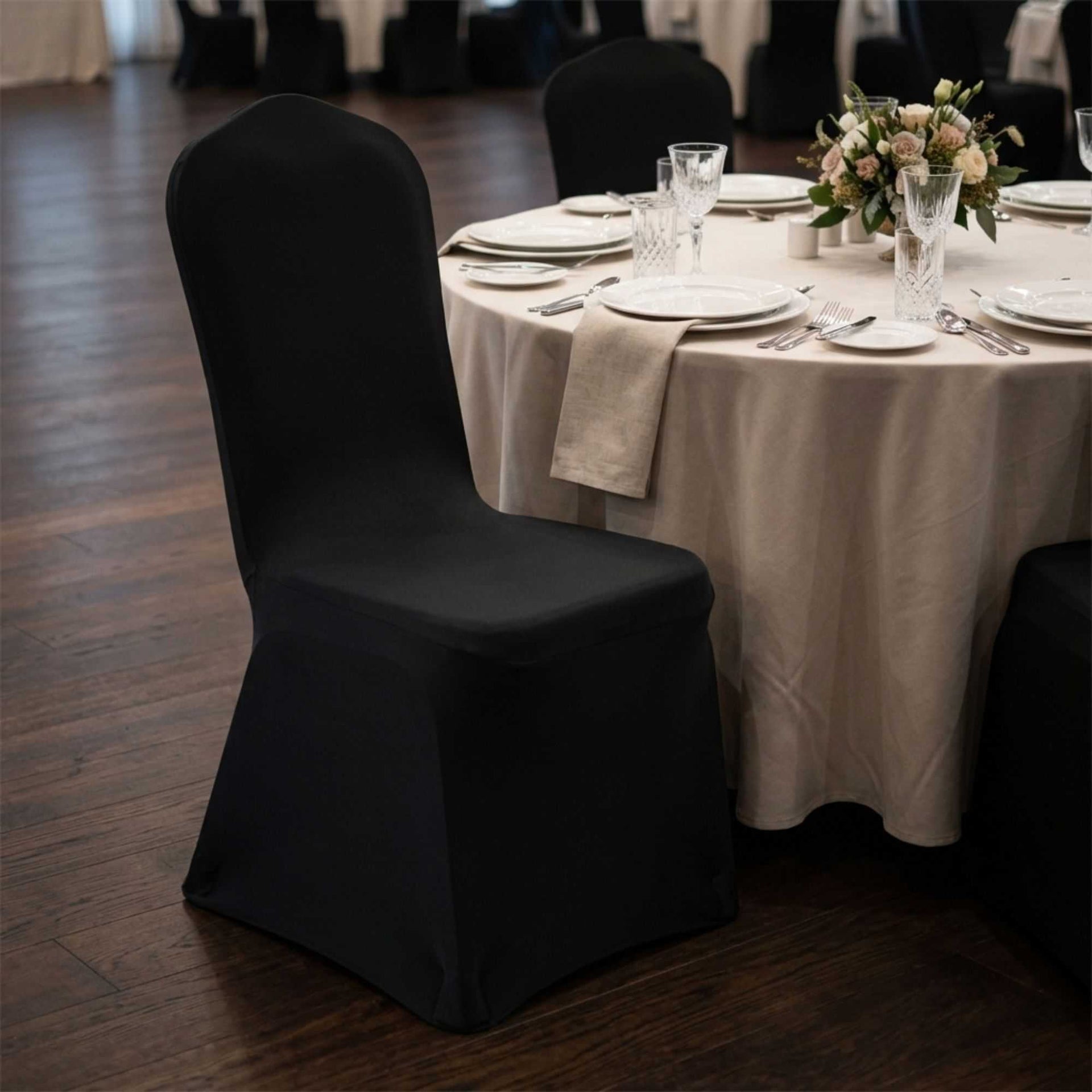 Table Tek Black Polyester Banquet Chair Cover - Universal, Stretch - 10 count box