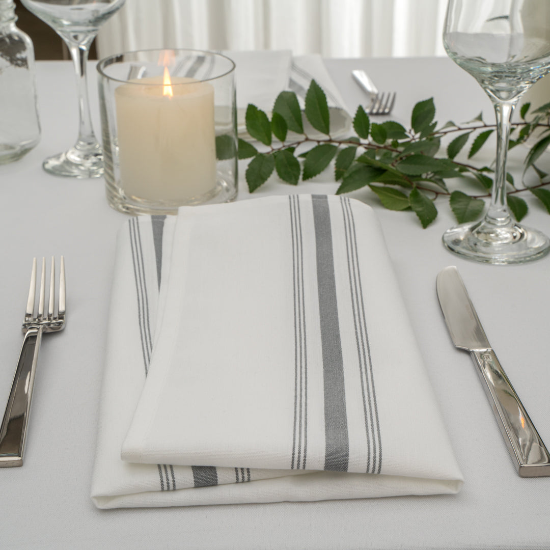 Luxenap White Woven Cloth Bistro Napkin - Gray Stripe - 18 1/2" x 22 3/4" - 10 count box