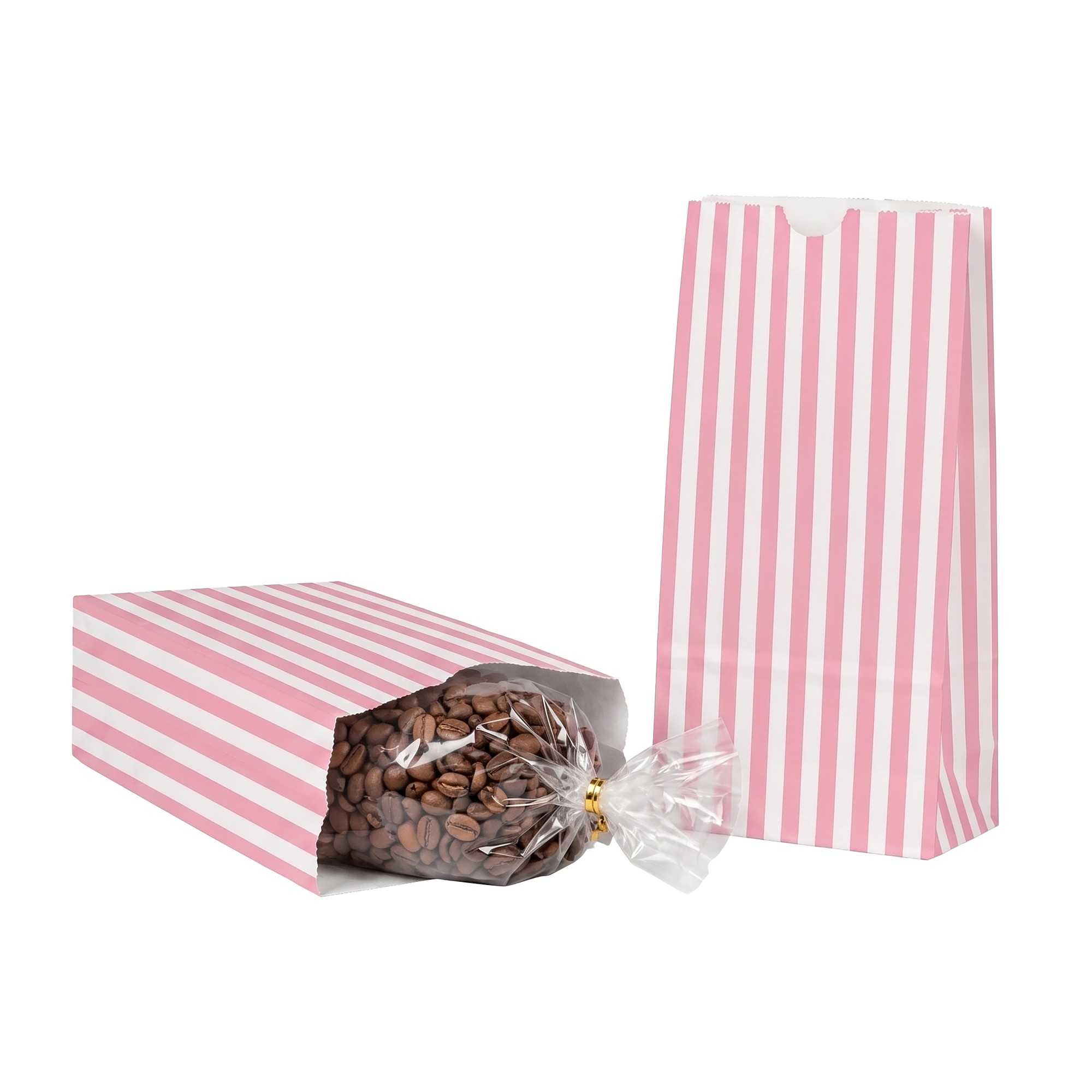 Bag Tek Pink and White Stripe Paper Bag - 2 lb - 4 1/4" x 2 1/4" x 8 1/2" - 100 count box