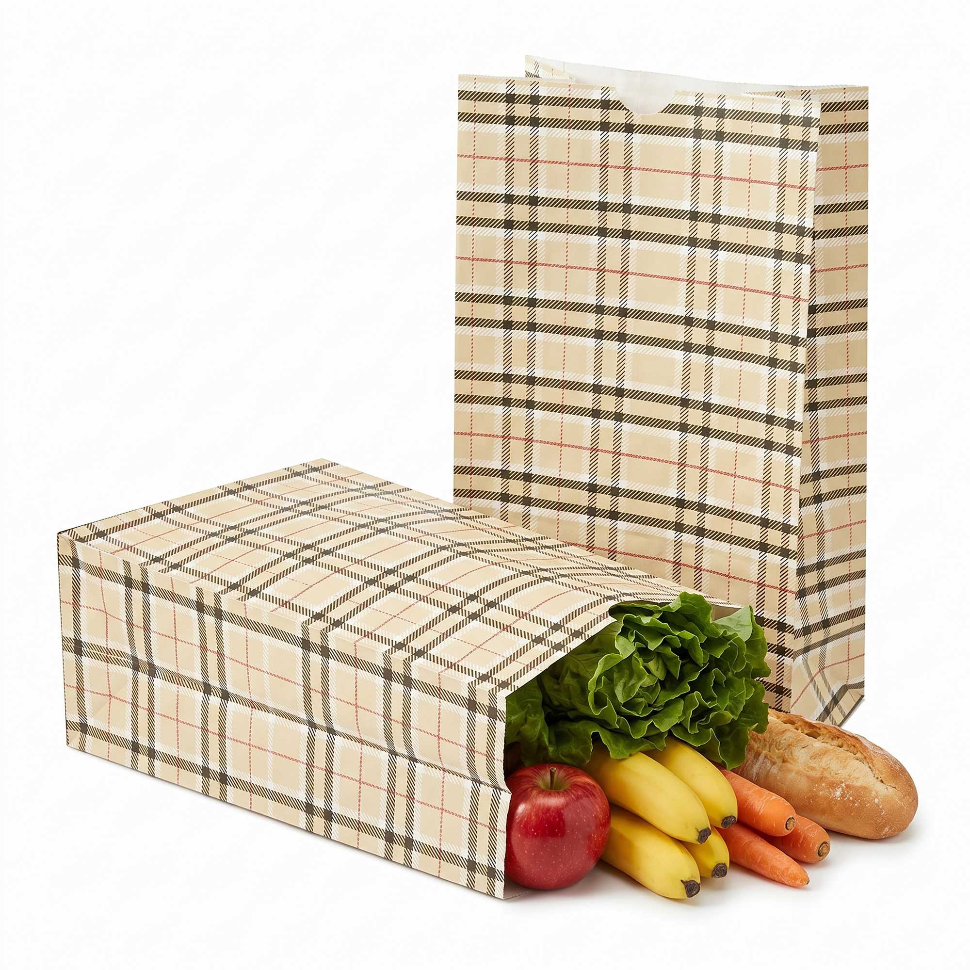 Bag Tek Plaid Paper Bag - 12 lb - 7" x 4 1/4" x 12 1/2" - 100 count box