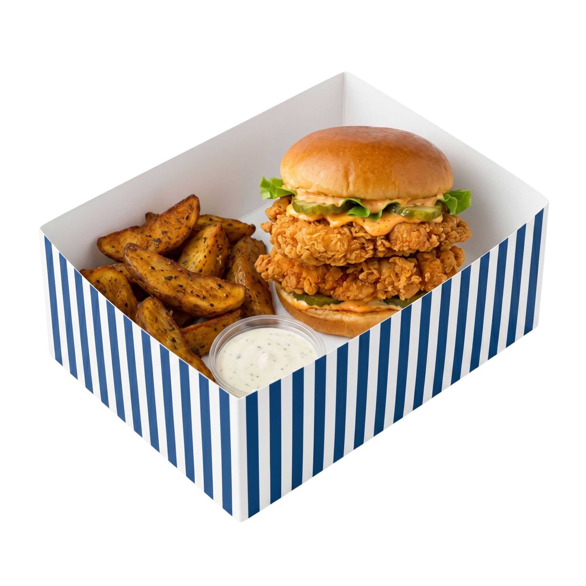 Bio Tek Rectangle Blue and White Stripe Paper Sandwich / Burger Open Tray - 8 1/2" x 6" x 3 1/2" - 100 count box