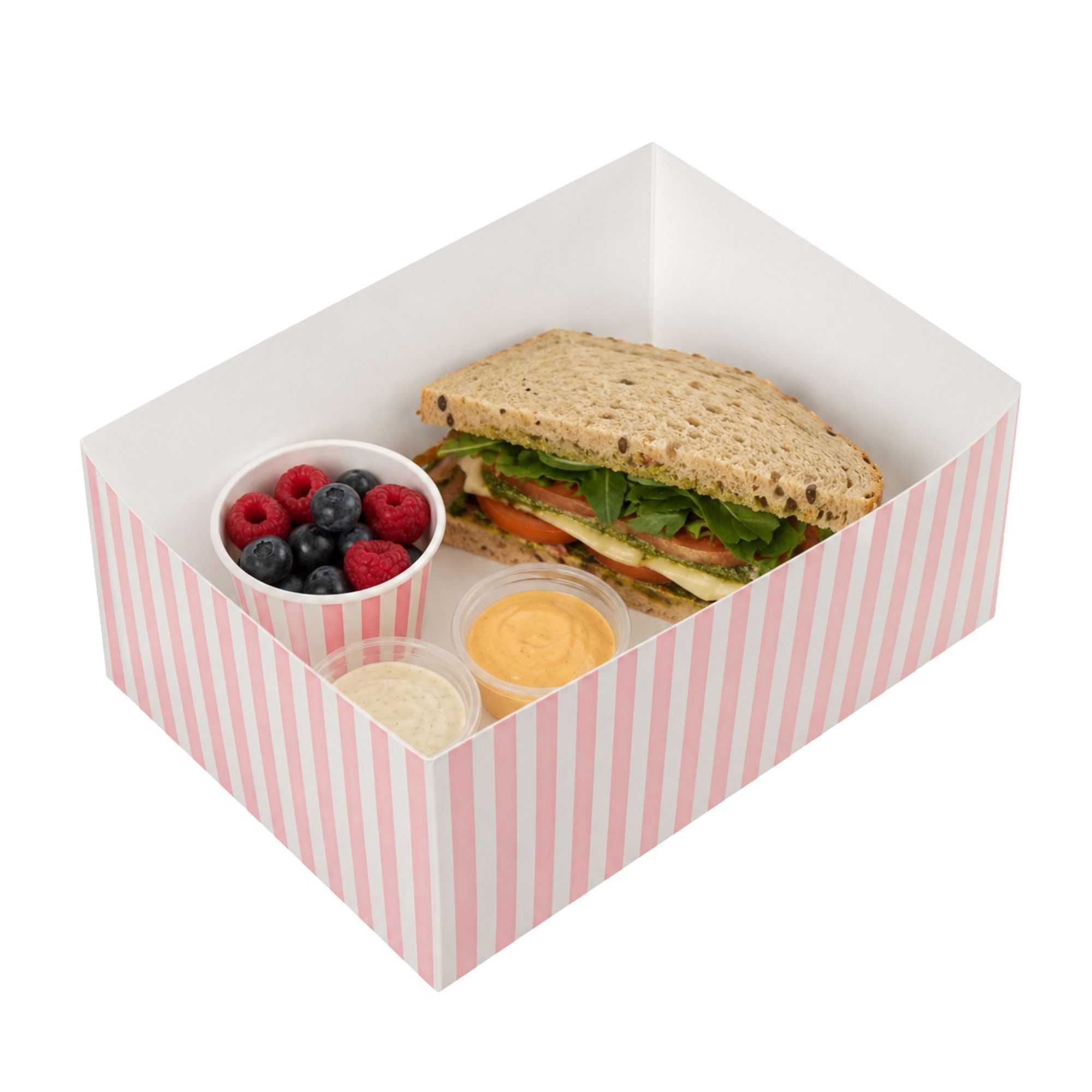 Bio Tek Rectangle Pink and White Stripe Paper Sandwich / Burger Open Tray - 8 1/2" x 6" x 3 1/2" - 100 count box