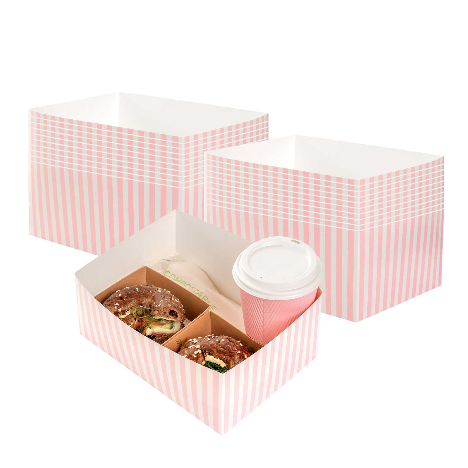 Bio Tek Rectangle Pink and White Stripe Paper Sandwich / Burger Open Tray - 8 1/2" x 6" x 3 1/2" - 400 count box