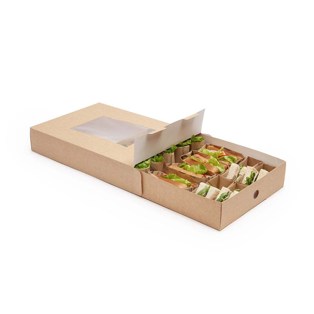 Cater Tek Rectangle Kraft Paper Catering Tray - with Window - 17 3/4" x 12 1/4" x 3 1/4" - 10 count box