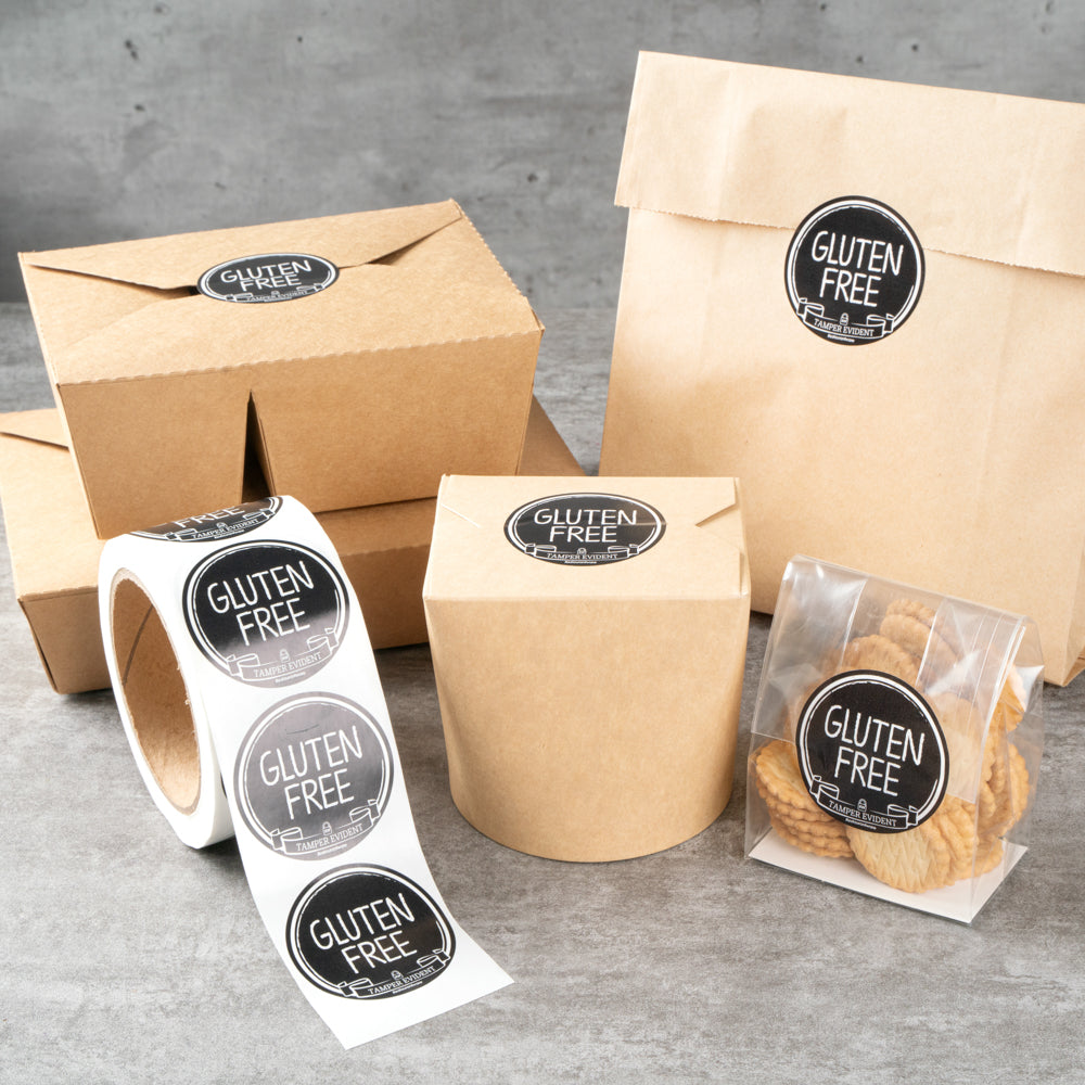 Label Tek Plastic Gluten Free Label - Black with White Font, Tamper-Evident - 2" x 2" - 500 count box