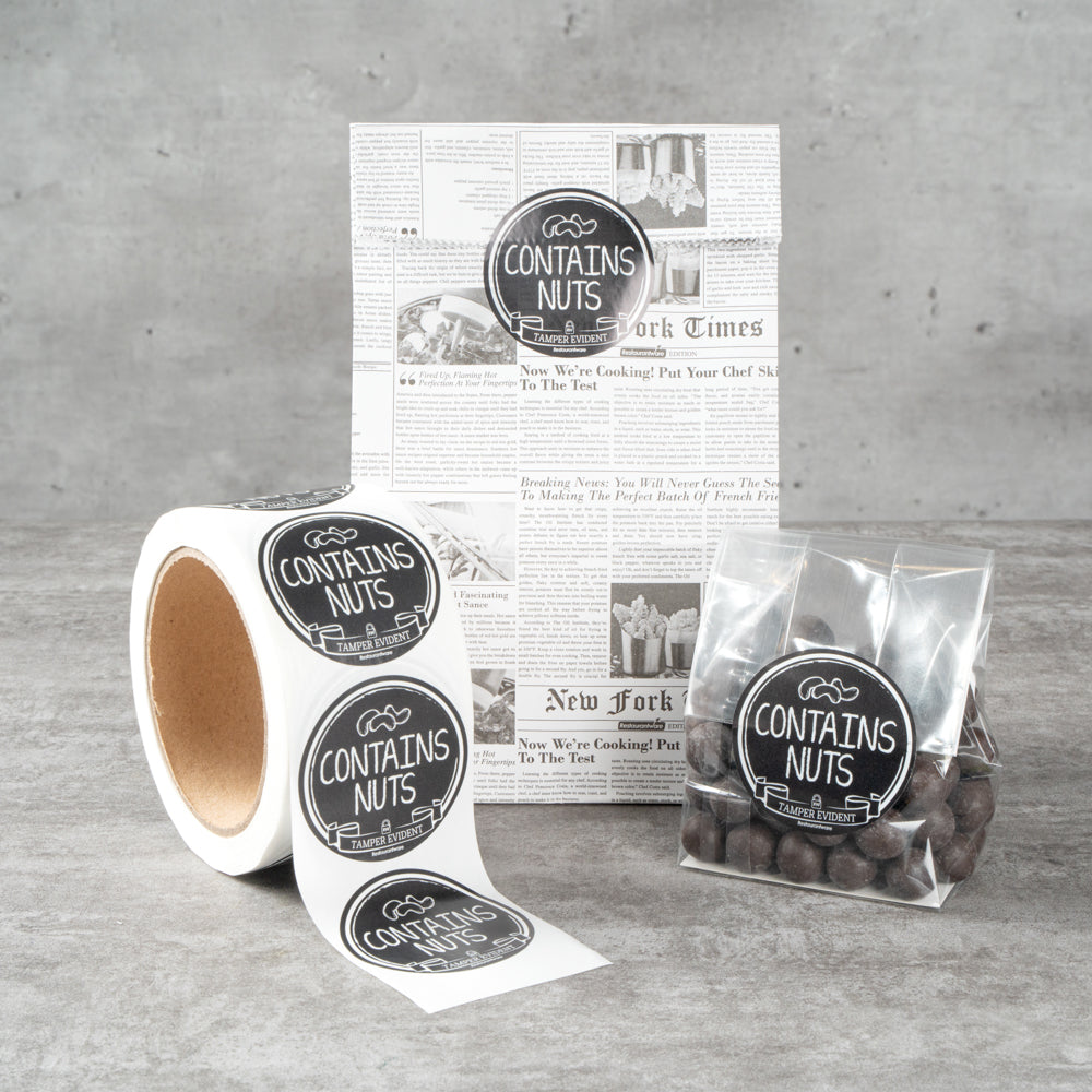 Label Tek Plastic Contains Nuts Label - Black with White Font, Tamper ...