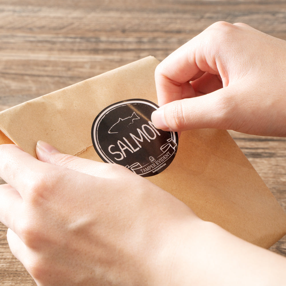 Samon Label Label Tek Plastic Salmon Label - Black with White Font, Tamper-Evident ...