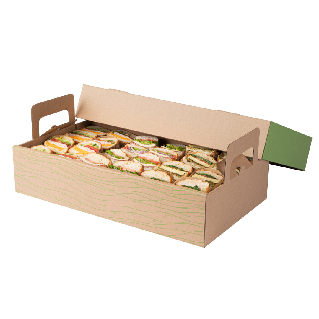Cater Tek Rectangle Kraft and Green Paper Catering Tray - with Cover - 19 3/4" x 11 3/4" x 4 1/4" - 10 count box