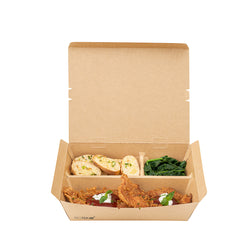 Bio Tek 51 oz Rectangle Kraft Paper Bento Box - 3-Compartment - 9 1/2