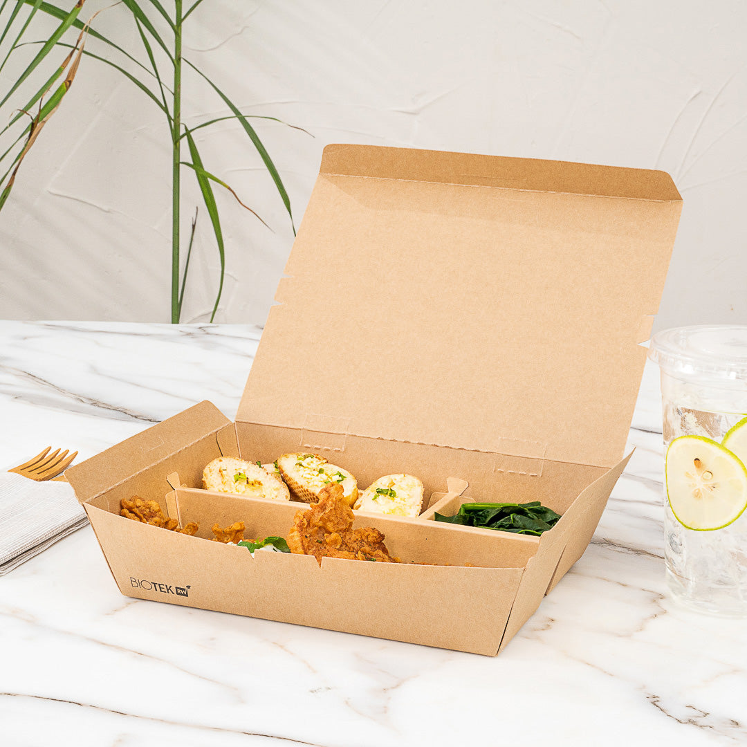 Bio Tek 51 oz Rectangle Kraft Paper Bento Box - 3-Compartment - 9 1/2 ...