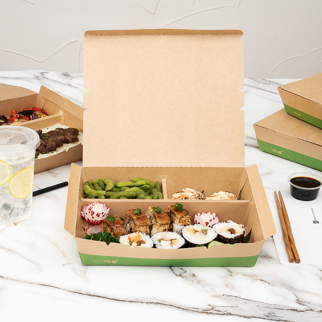 Eco Tek 78 oz Rectangle Kraft and Green Paper Bento Box - 3-Compartment ...