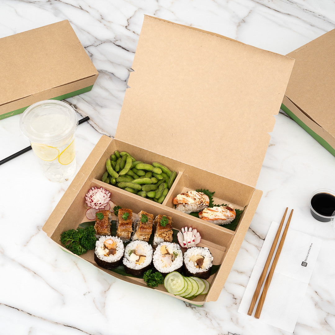 Eco Tek 78 oz Rectangle Kraft and Green Paper Bento Box - 3-Compartment ...