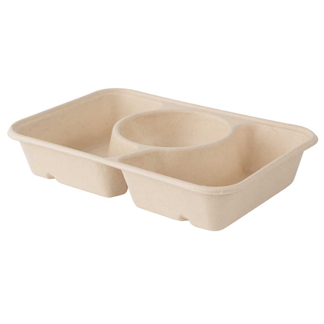Pulp Tek 31 oz Rectangle Natural Sugarcane / Bagasse To Go Container - 3-Compartment - 9 1/2" x 6 1/4" x 1 3/4" - 50 count box