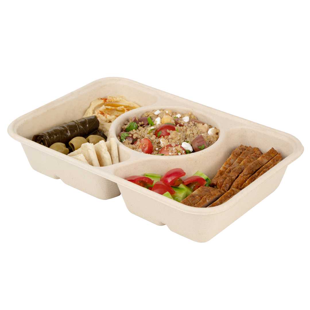 Pulp Tek 31 oz Rectangle Natural Sugarcane / Bagasse To Go Container - 3-Compartment - 9 1/2" x 6 1/4" x 1 3/4" - 50 count box