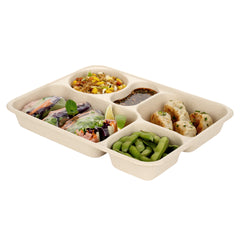 Pulp Tek 43 oz Rectangle Natural Bagasse To Go Tray - 5-Compartment - 11