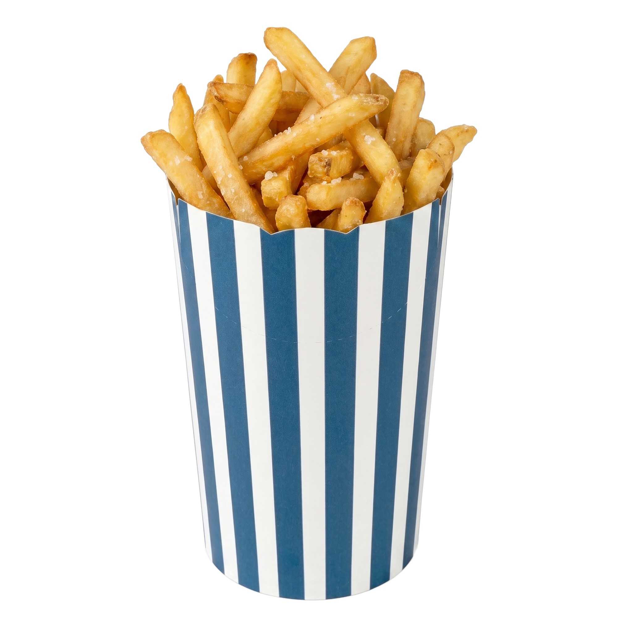 Bio Tek 20 oz Round Blue and White Stripe Paper To Go Fry Cup - 3 1/4" x 3 1/4" x 5" - 100 count box