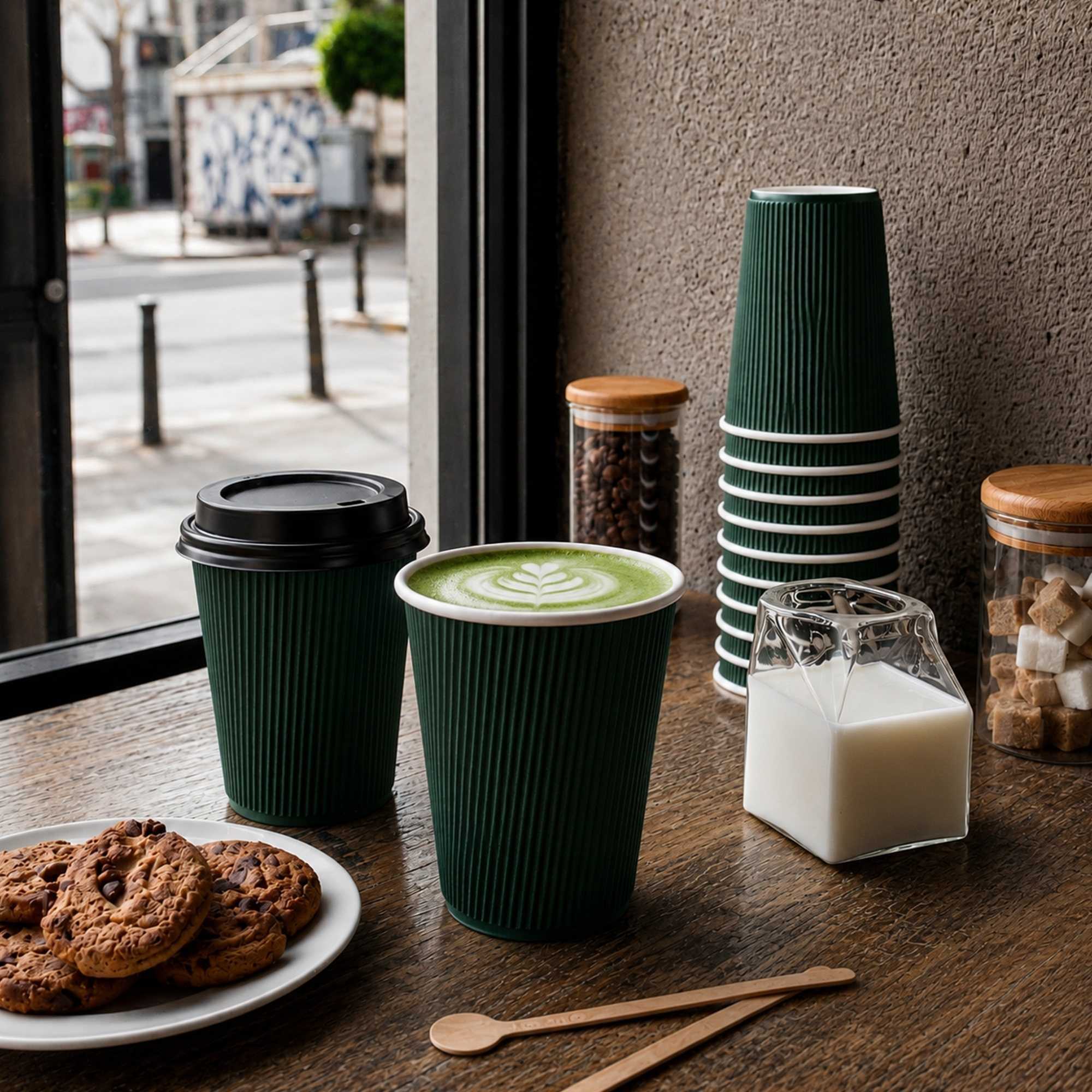 Restpresso 12 oz Dark Green Paper Ripple Wall Coffee Cup - with Black Lid - 3 1/2" x 3 1/2" x 5" - 200 count box