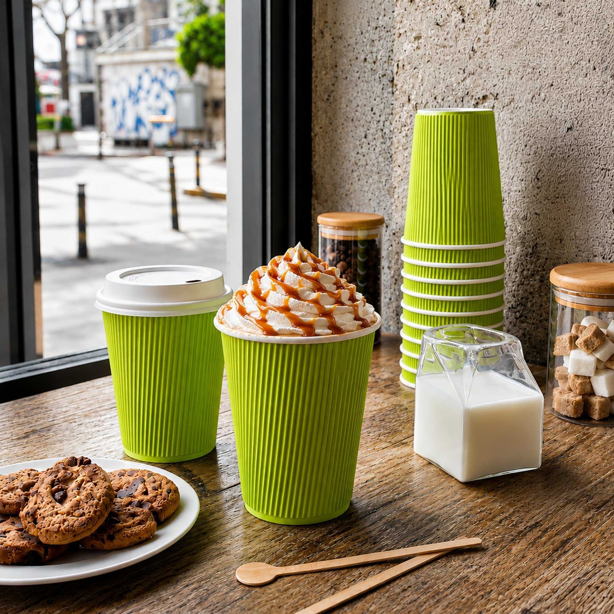 Restpresso 12 oz Eco Green Paper Ripple Wall Coffee Cup - with White Lid - 3 1/2" x 3 1/2" x 5" - 200 count box