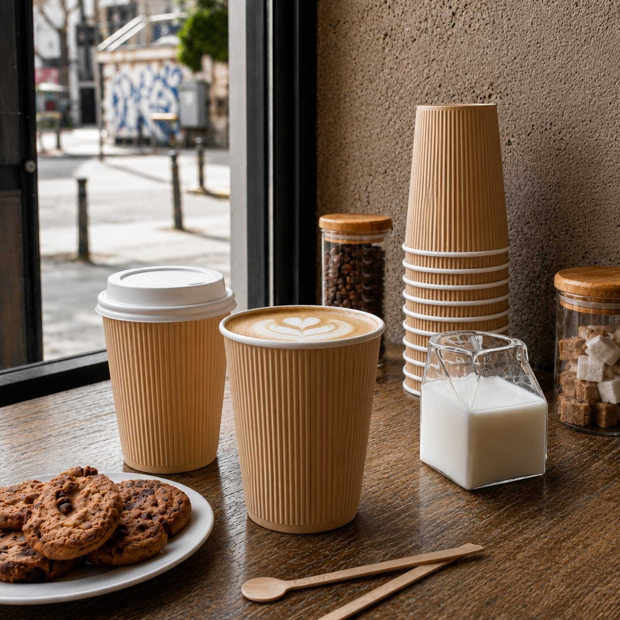 Restpresso 12 oz Kraft Paper Ripple Wall Coffee Cup - with White Lid - 3 1/2" x 3 1/2" x 5" - 200 count box