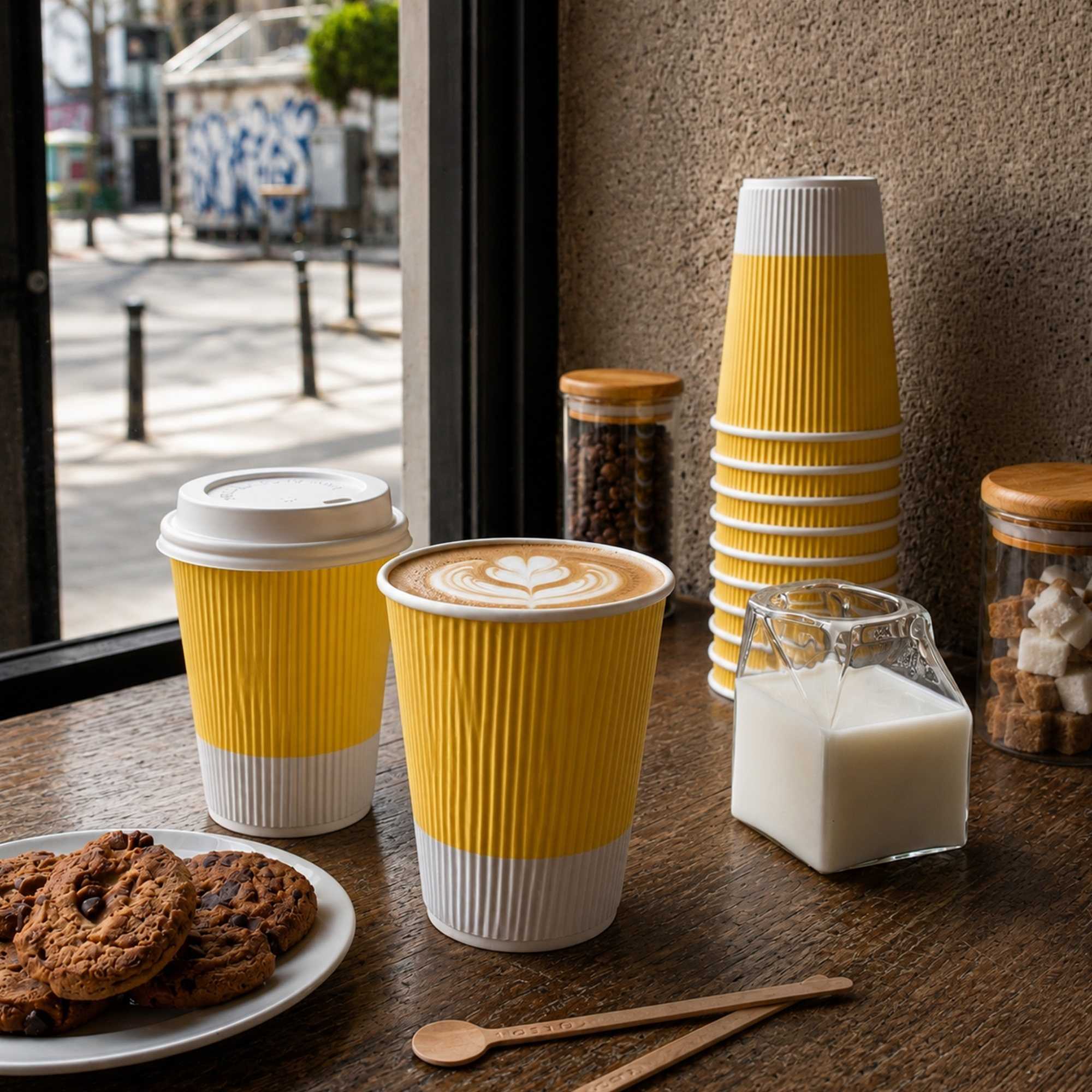 Restpresso 12 oz Light Yellow Paper Ripple Wall Coffee Cup - with White Lid - 3 1/2" x 3 1/2" x 5" - 200 count box