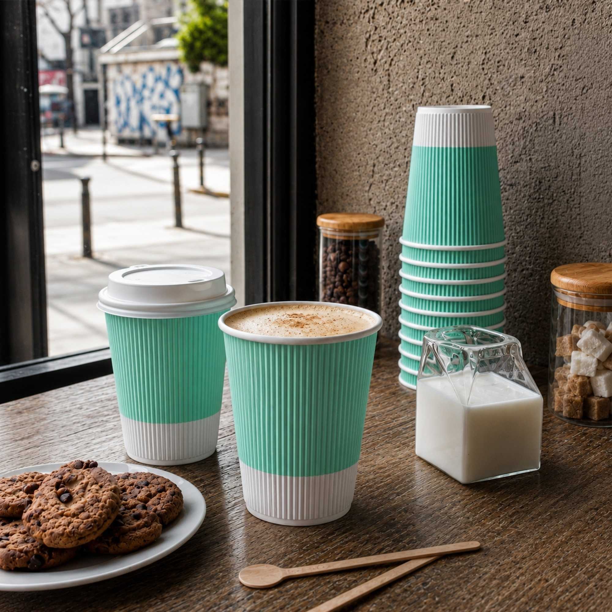 Restpresso 12 oz Light Green Paper Ripple Wall Coffee Cup - with White Lid - 3 1/2" x 3 1/2" x 5" - 200 count box