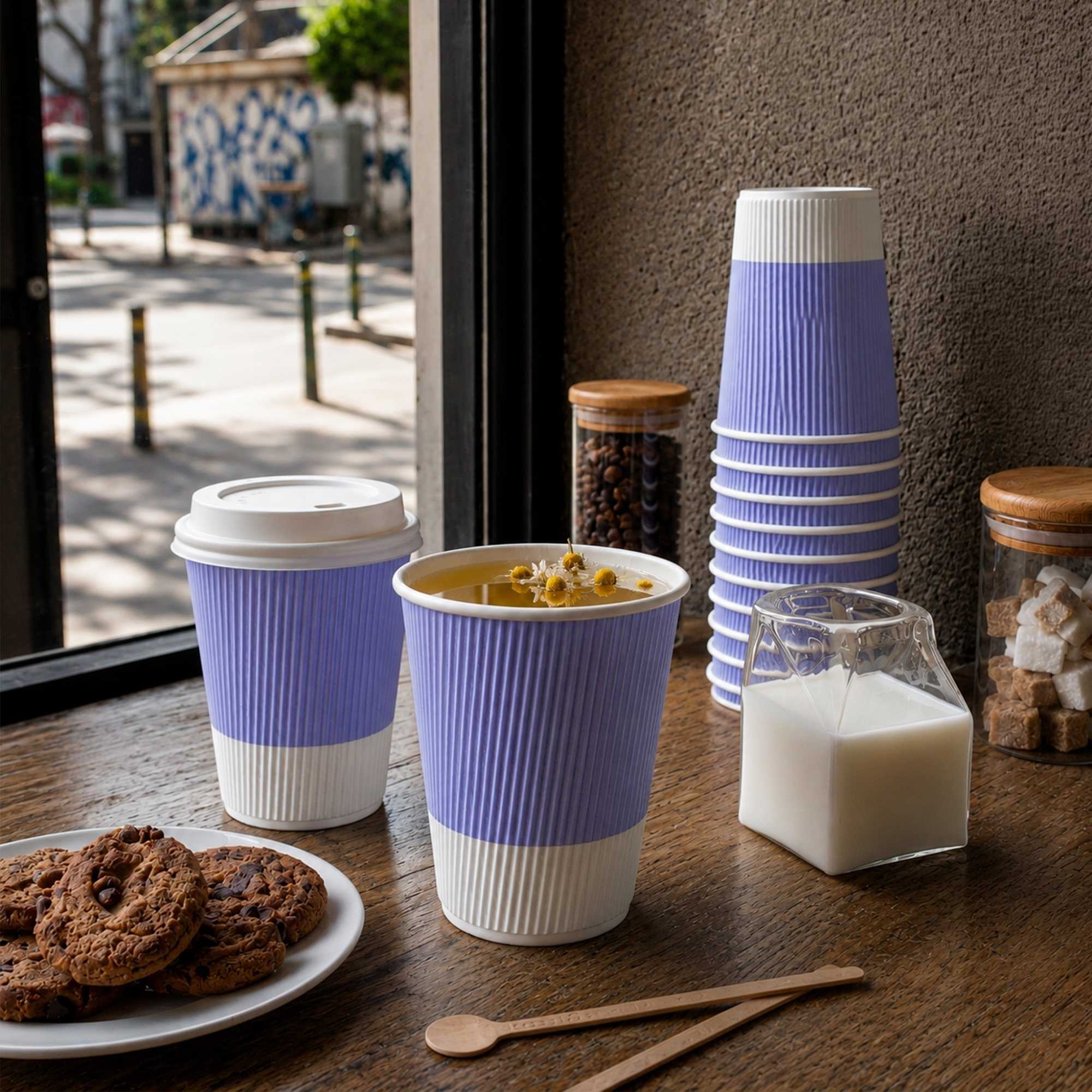 Restpresso 12 oz Light Purple Paper Ripple Wall Coffee Cup - with White Lid - 3 1/2" x 3 1/2" x 5" - 200 count box