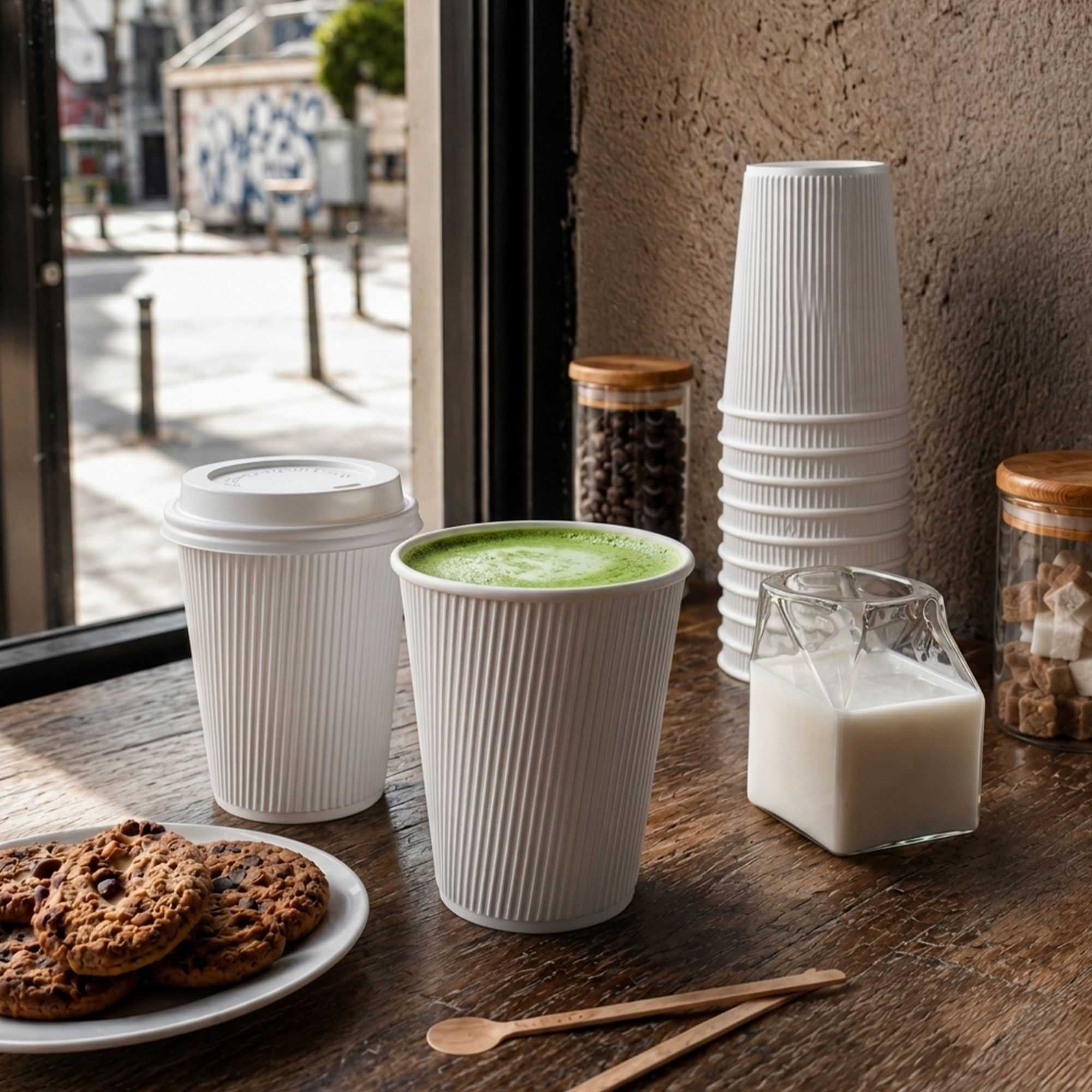 Restpresso 12 oz White Paper Ripple Wall Coffee Cup - with White Lid - 3 1/2" x 3 1/2" x 5" - 200 count box