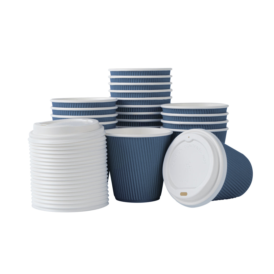 Restpresso 8 oz Midnight Blue Paper Ripple Wall Coffee Cup - with White Lid - 3 1/2" x 3 1/2" x 4" - 400 count box