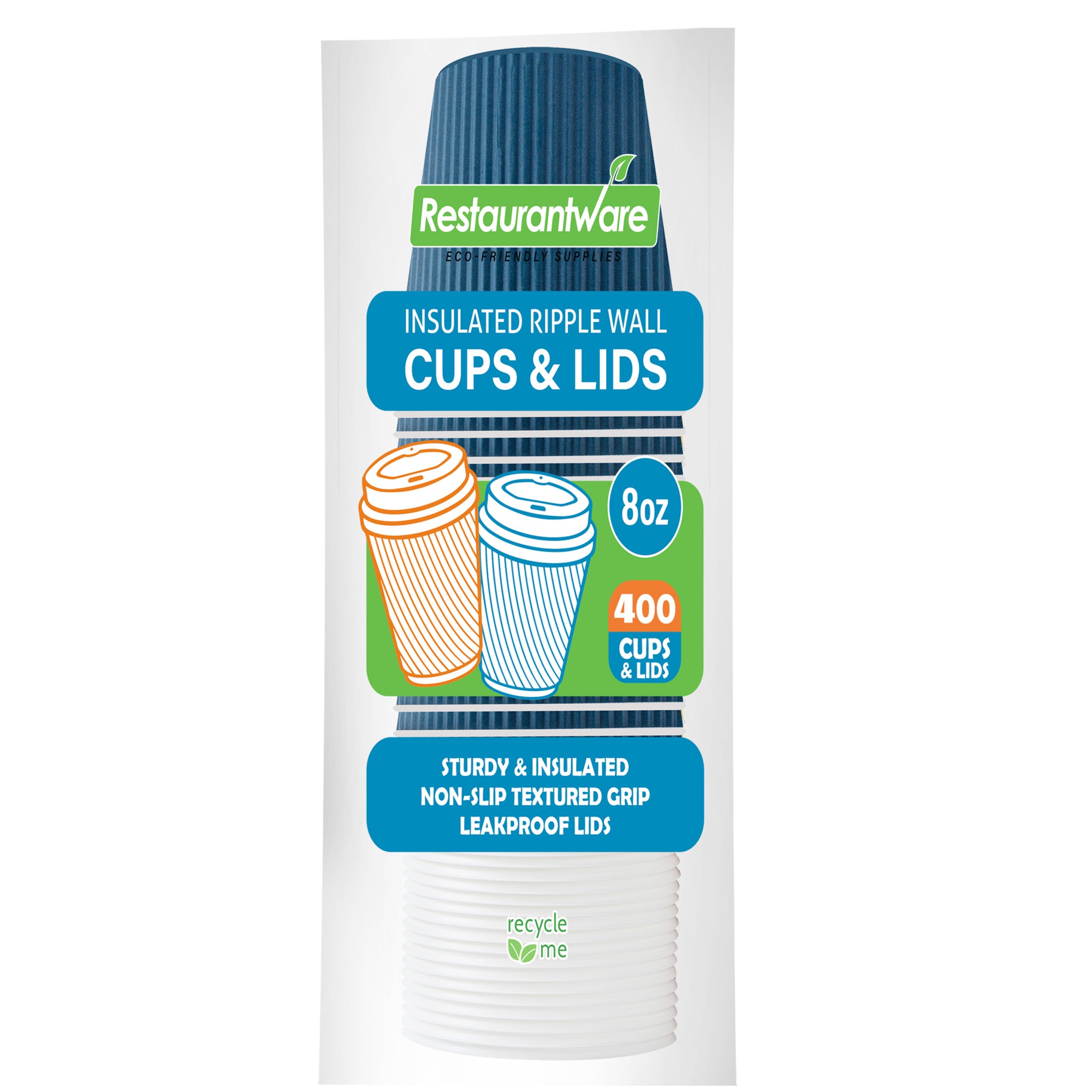 Restpresso 8 oz Midnight Blue Paper Ripple Wall Coffee Cup - with White Lid - 3 1/2" x 3 1/2" x 4" - 400 count box