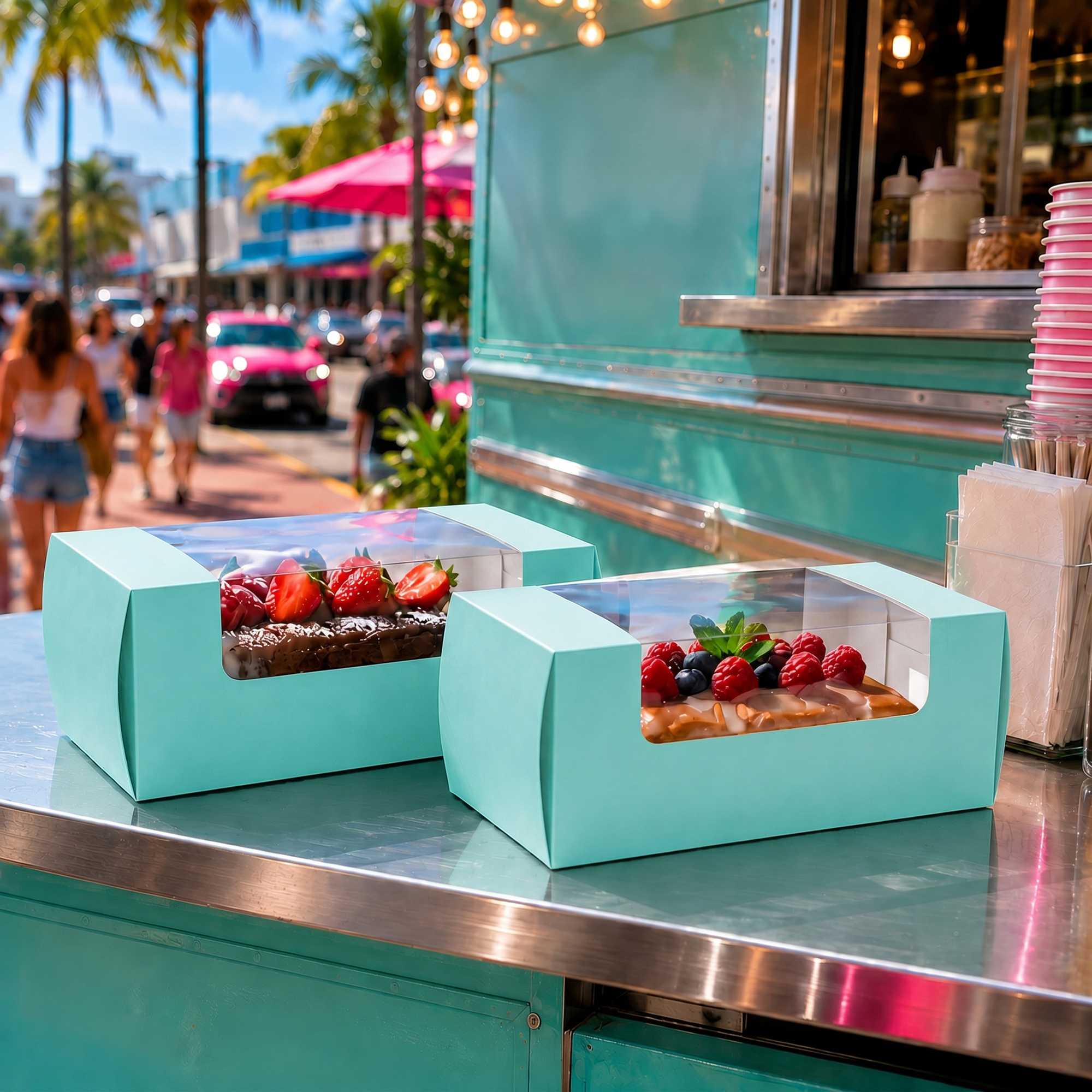 Pastry Tek Turquoise Paper Pastry / Cake Box - with Window - 9 3/4" x 4 3/4" x 4" - 100 count box