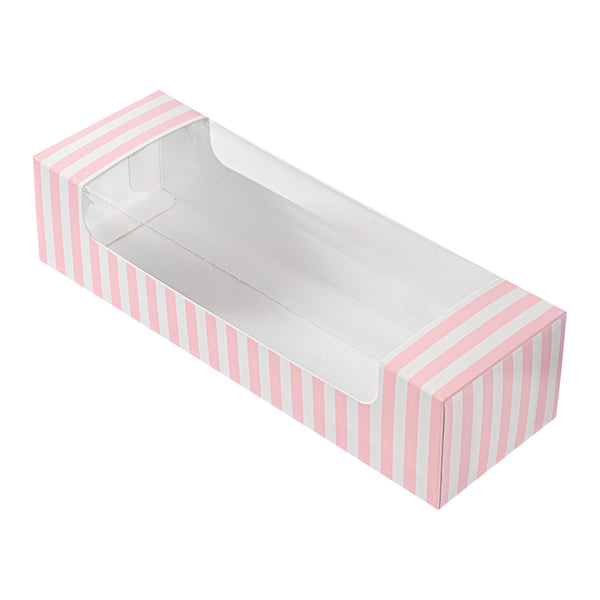 Pastry Tek Pink and White Stripe Paper Pastry / Cake Box - with Window - 9 3/4" x 3 1/4" x 2 1/4" - 100 count box