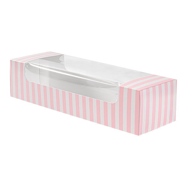 Pastry Tek Pink and White Stripe Paper Pastry / Cake Box - with Window - 9 3/4" x 3 1/4" x 2 1/4" - 100 count box