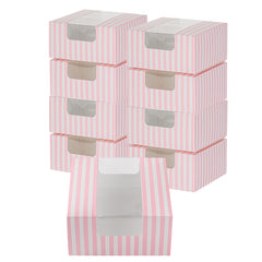 Pastry Tek Pink and White Stripe Paper Pastry / Cake Box - with Window - 6 1/4