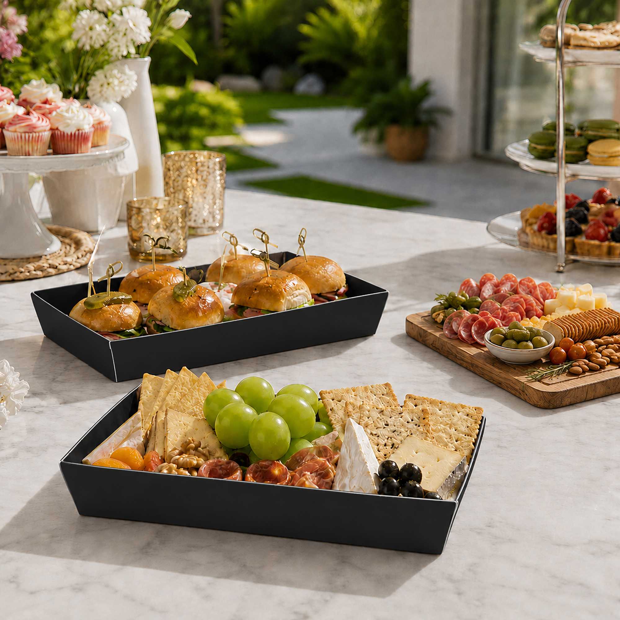 Matsuri Vision Rectangle Black Paper Medium Sushi Tray - 8" x 5" x 1 1/2" - 500 count box