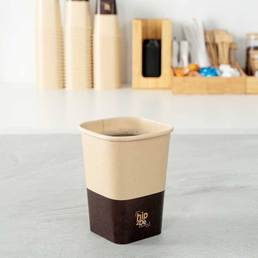 Hip 2 Be Square 12 oz Kraft and Brown Paper Hot / Cold Drinking Cup - Single Wall - 3 1/4" x 3 1/4" x 4 1/4" - 500 count box