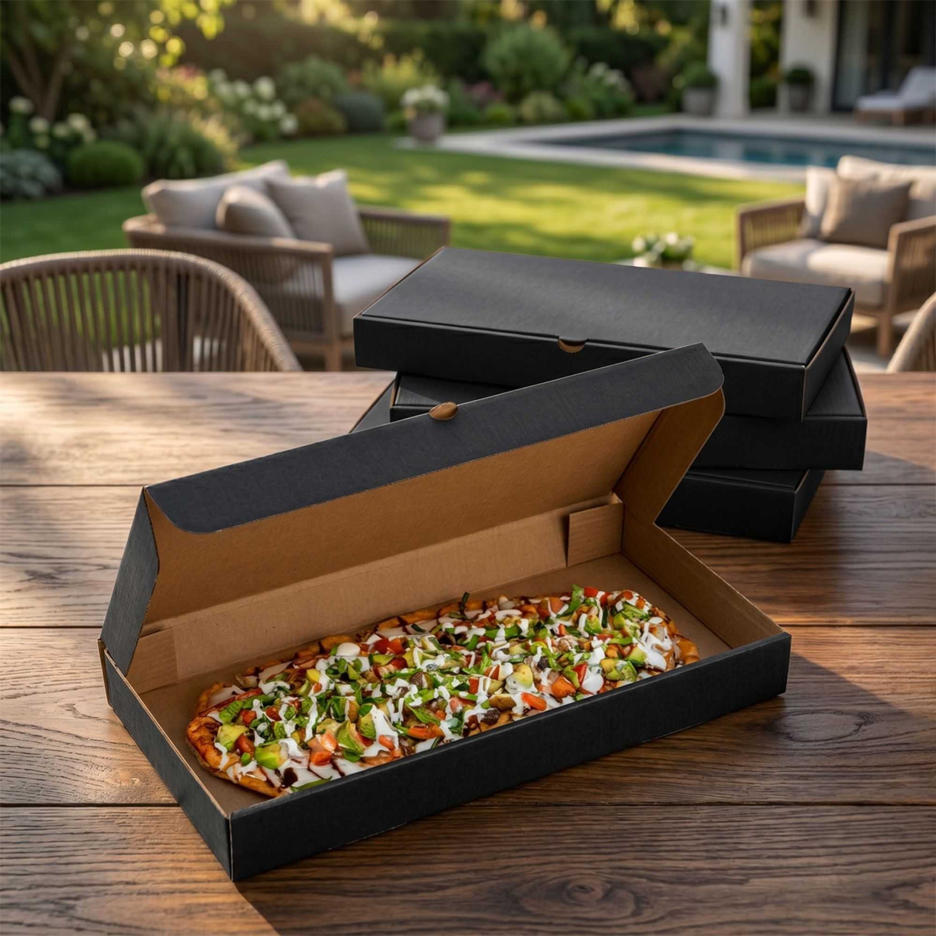 Eco Pie Kraft and Black Paper Corrugated Flatbread Box - 14" x 7" x 1 1/2" - 50 count box
