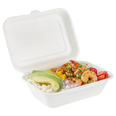 Pulp Safe No PFAS Added 20 oz White Sugarcane / Bagasse Clamshell Container - Home Compostable - 7 1/4