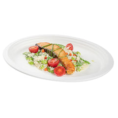 Pulp Safe No PFAS Added Oval White Sugarcane / Bagasse Large Plate - Home Compostable - 12 1/2