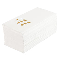 Luxenap Rectangle Gold Letter U White Paper Linen-Feel Guest Towel - Air Laid, Cursive Font - 15 3/4