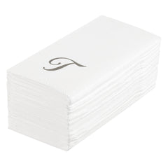 Luxenap Rectangle Silver Letter T White Paper Linen-Feel Guest Towel - Air Laid, Cursive Font - 15 3/4