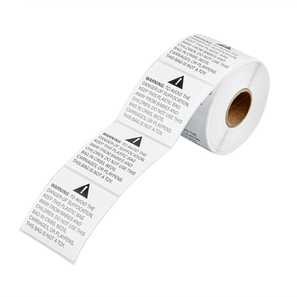Label Tek White Paper Suffocation Warning Label - 2" x 2" - 500 count roll
