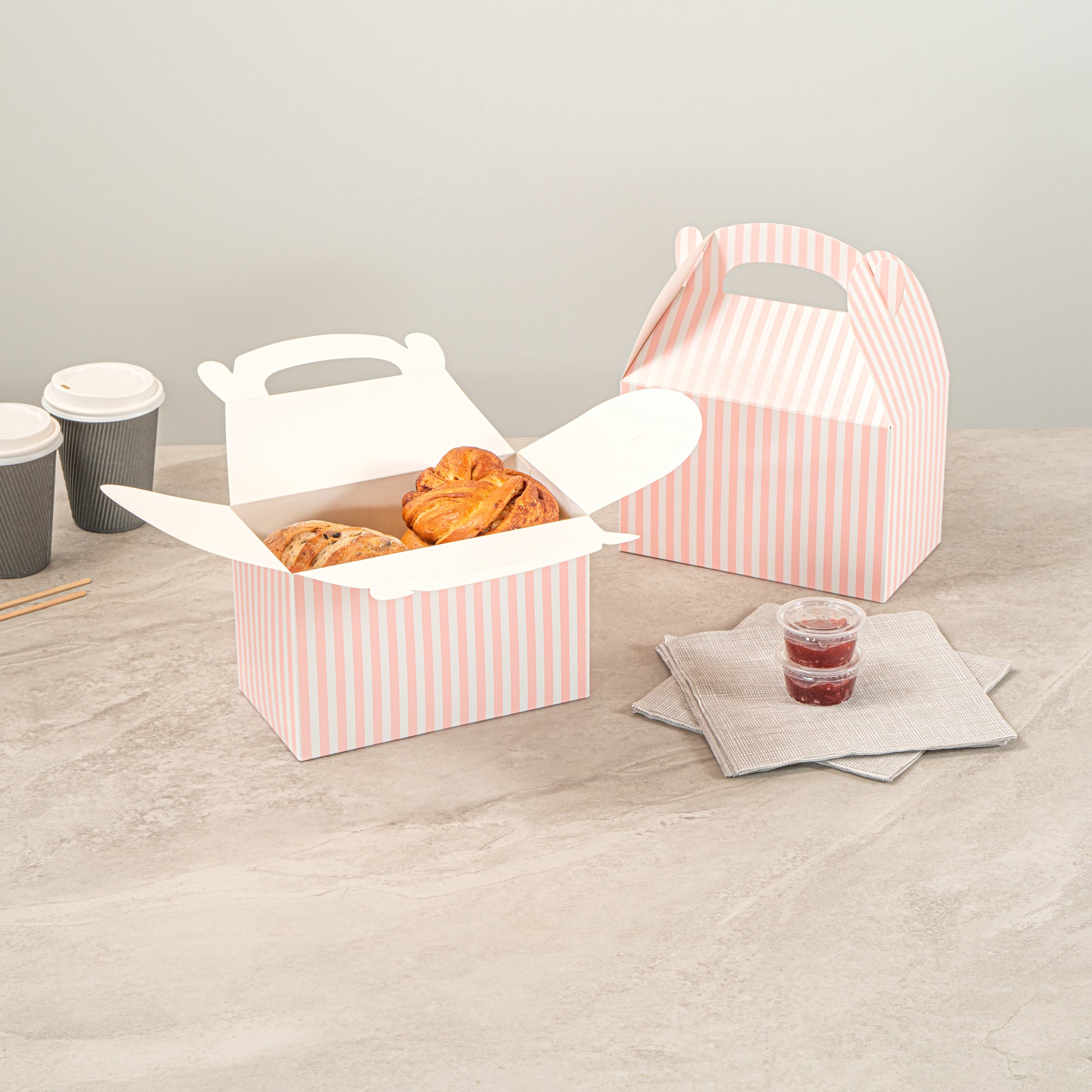 Bio Tek Pink & White Stripe Paper Gable Box / Take Out Container - Compostable - 8 1/2" x 4 3/4" x 5 1/2" - 100 count box