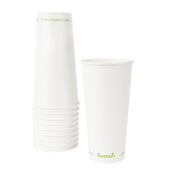 Restaurantware Sustain 22 Ounce Cold Cups 1000 Disposable Drinking Cups - Lids Sold Separately Leakproof PLA Lining White Paper Cups Tightly Rolled