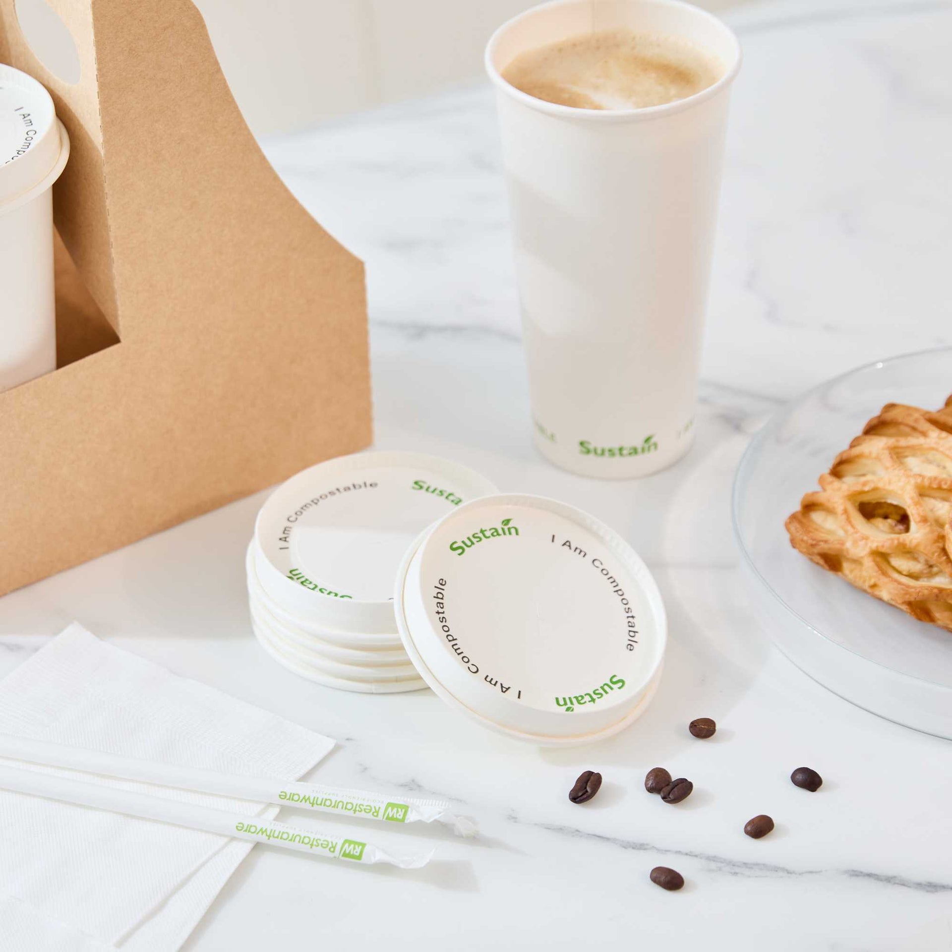 Sustain White Paper Cold Cup Flat Lid - Fits 9, 12, 16, 20 and 22 oz, PLA Lining, Compostable - 1000 count box