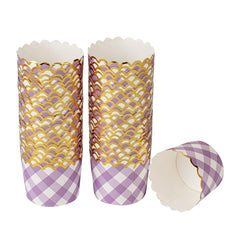 Panificio 4.5 oz Purple Plaid Paper Scalloped Baking Cup - Gold Rim - 2 3/4