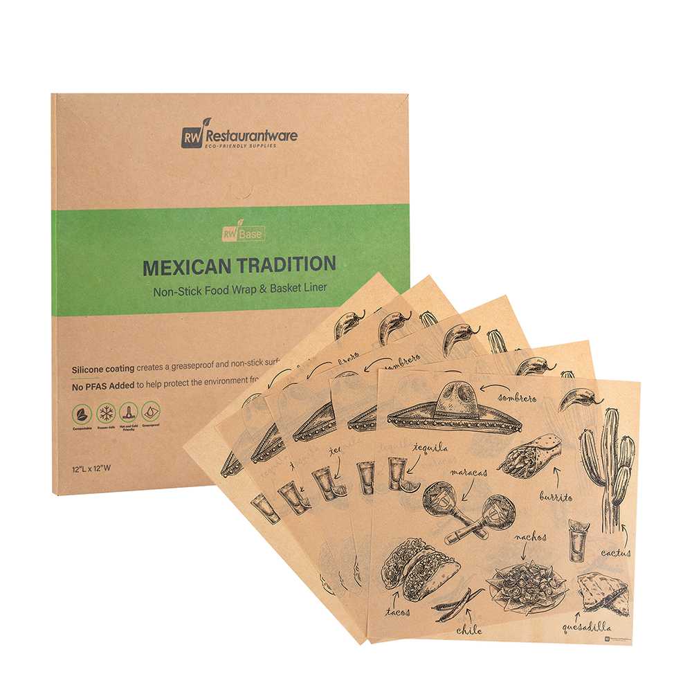 Chef 101 No PFAS Added Kraft Paper Taco Wrap and Chip Liner - Mexican Tradition, Greaseproof - 12" x 12" - 2000 count box