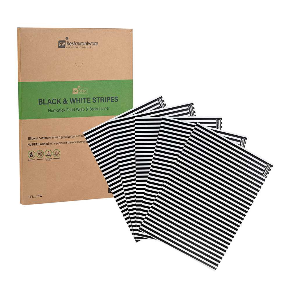 Chef 101 No PFAS Added Black and White Stripe Paper Food Wrap and Basket Liner - Greaseproof, Compostable - 15" x 11" - 2000 count box
