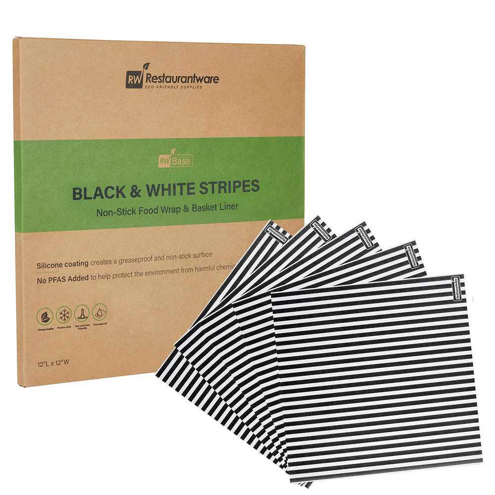Chef 101 No PFAS Added Black and White Stripe Paper Bakery Wrap and Basket Liner - Greaseproof - 12" x 12" - 2000 count box