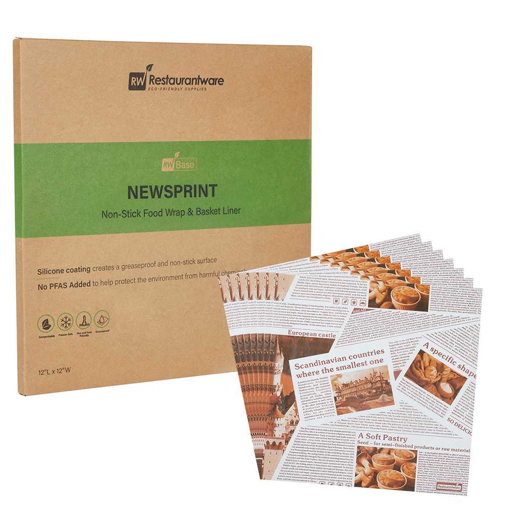 Chef 101 No PFAS Added Newsprint Paper Bakery Wrap and Basket Liner - Greaseproof - 12" x 12" - 2000 count box